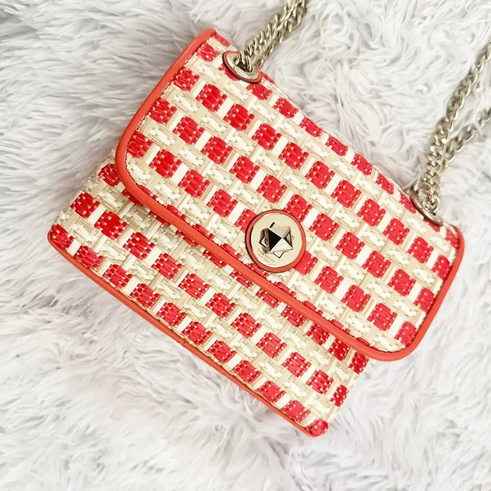 KATE SPADE | Natalia Orange White Woven Chain Shoulder Bag Crossbody Boucle